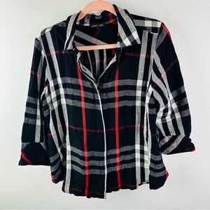 Boho Chic Black White Red Linen Blend 3/4 Sleeve Blouse Size S